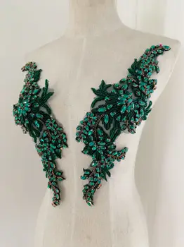 1 Pár 2 Ks Smaragdovo Zelené Kvetinové Crystal Nášivka Ťažké Drahokamu Patch pre Bodice Kostým,Oblečenie,Couture,Svadobné Šaty