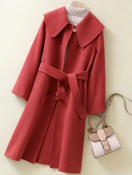 2021 nové obojstranné cashmere kabát žena červený plášť voľné high-end vlna Navy golier stredne dlhé vlny