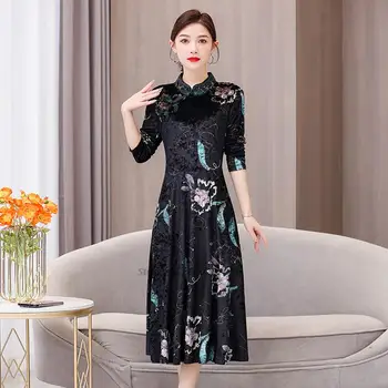 2022 tradičnej čínskej lepšiu cheongsam zamatové šaty žena národnej kvetina tlače qipao strany večerné šaty orientálne šaty