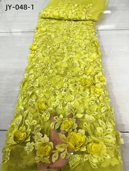 3D Kvety Afrického Čipky Textílie 5Yards 2022 Vysokej Kvality S korálkami Sequin Vyšívané francúzsky Tylu Čipky Textílie Pre Svadobné Party