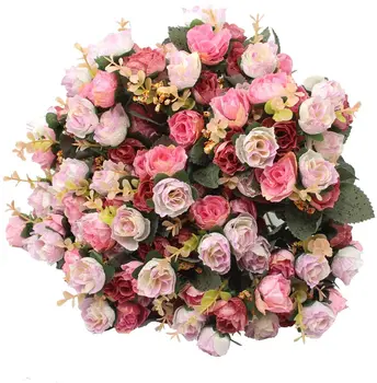 6 Kytice, Umelé Kvety, Multi-Farebné Hodváb Rose Mini Ruže 7 Pobočiek 21 Kvety za Kyticu Krytý Vonkajší Svadbu