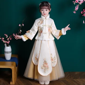Dievčenské Hanfu Nový Rok Oblečenie pre Deti je Teplý Cheongsam Čínskom Tang Vyhovovali Dieťa Zimné Plus Velvet Roztomilý Výšivky Party Šaty