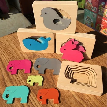 Drevené hračky 3D Puzzle Cartoon Zvierat Multi-layer puzzle Montessori deti raného vzdelávania kognitívne puzzle zvierat uloženie