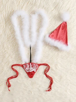 Dámske Červené Bielizeň Výrez Vianočné Šaty bez Rukávov Umelú Kožušinu Kapela Kombinézu Sexy Kostým Santa Klobúk