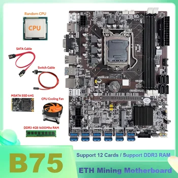 HOT-B75 ETH Ťažba Doske 12XUSB S PROCESOR+DDR3 4GB 1600Mhz pamäť RAM+MSATA SSD 64 G+Switch Kábel usb +SATA Kábel+CPU Chladiaci Ventilátor