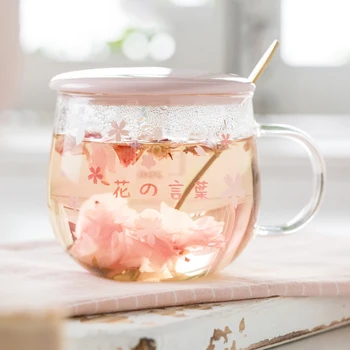 Japonsko Štýl Sakura Sklo Pohár Ružová Kawaii Kávy Vody Hrnček S Lyžičkou Na Raňajky Transparentné Sklo Drinkware