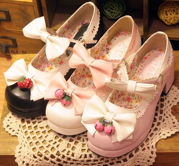 Japonský Mori Štýl Lolita Kolo Hlavy Topánky S Jahodovým Bell Roztomilý Sweety Jednej Topánky 3 Farby H