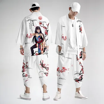 Japonský Štýl Oblečenie V Lete Mužov Bielej Tlače Bunda A Nohavice Vyhovovali Topy Kimono Japonsko Streetwear Módy Cardigan Harajuku Župan
