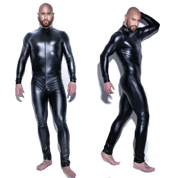 M-XXXL Nové Čierne Lesklé lakovanej Kože Jumpsuit Zips Otvorené Rozkroku Latex Catsuit Teddy Spandex Kombinézach Clubwear