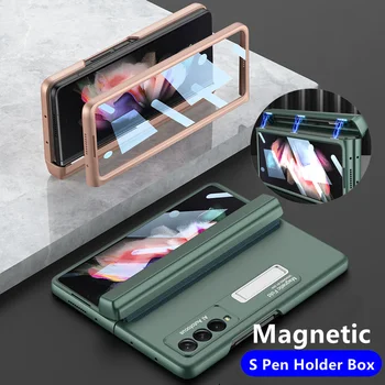 Magnetický Záves S Perom Úložný Box obal pre Samsung Galaxy Z Zložiť 3 5G Stojan Plastový Kryt S Krycie Sklo ( NIE Pero )