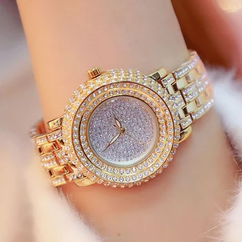 Módne Luxusné Crystal hodinky z nerezovej ocele Zlato Quartz Hodinky Drahokamu Ženy Hodinky Hodiny ženy Dámy Šaty Náramkové hodinky