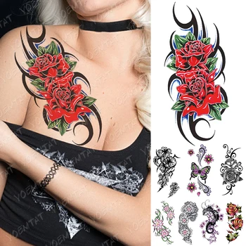 Nepremokavé Dočasné Tetovanie Nálepky Totem Ruže, Kvety Flash Tetovanie Motýľ Dragon Lotus Body Art Rameno Falošné Rukáv Tetovanie Ženy