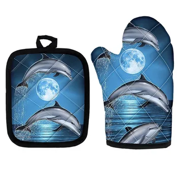 Ocean Dolphin 3D Tlač 2 ks Mikrovlnná Rúra Rukavice žiaruvzdorné Podložky Pre Grilovanie, Pečenie, Varenie Rúra rukavice bez Prstov A Pot Držiaky Sady