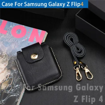 Originálne Kožené Puzdro pre Samsung Galaxy Z Flip 4 Prípade, Luxusný Mobilný Telefón Taška s ozdobná šnúrka na uniforme