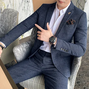 Pánske Sako Nohavice Obleku Smoking 2022 Nové Luxusné Slim Fit Kontrola Vyhovuje 2 Ks Nastaviť Homme Svadobné, Spoločenské Oblečenie pre voľný čas 5XL