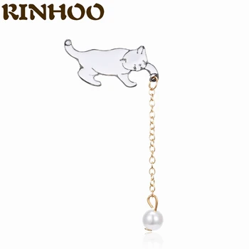 Roztomilý Jednoduchá Biela Mačka Pearl Prívesok Brošňa Pin Smalt Farba Dlhým Reťazcom Brošňa Pre Ženy, Dievča Zvierat Dizajn A Módne Šperky