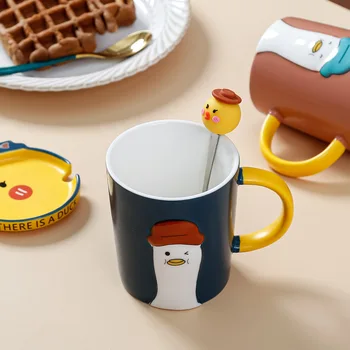 Tvorivé keramické plastický roztomilé kačica hrnček s vekom a lyžice Pár úradu vody cup domov šálku kávy ako darček pre priateľku