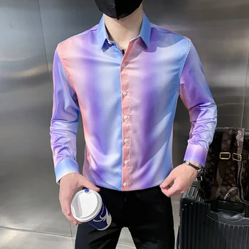 Štýl Britskej 2022 Jeseň Rainbow Gradient Slim Tričko Nočný Klub Bar Oblečenie Camisa Sociálne Masculina Streetwear Mens Príležitostných Košele