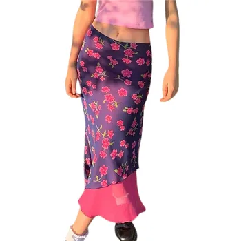Ženy Kvetinový Tlač Ružová Sukňa Potu Vysoký Pás Krátke Sukne Y2K Midi Sukne Dámske Dvojvrstvové Šifón Šaty 90. rokov Vintage