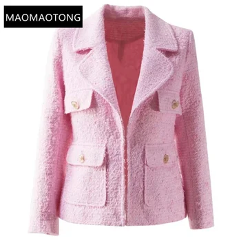 2022 Luxusné Dizajnér Jeseň Dráhy Elegantné Zimné Ružová Outwear dámske Dlhý rukáv Tlačidlo vrecká Slim Tweed Bundy Kabát