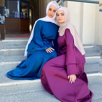 Eid Ramadánu Moslimských Žien Maxi Šaty Saténové Abaya Dubaj Kaftan Turecko Župan Islamské Oblečenie Večer Party Šaty Na Blízkom Východe Vestido