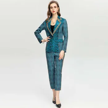 Janeyiren módne mólo Jeseň/Zima Pantsuit Ženy vintage Blue leopard tlač Kabát, Kabát + vysoká-v strede zúžený deväť minút nohavice 2