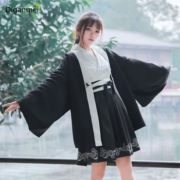 Japonský bushido kimono žena cosplay yukata haori vytlačené Žeriav kabát + čiernej a bielej, kontrast, farebné šaty dvoch-dielny oblek