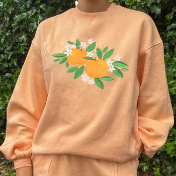 Jeseň nový štýl orange výšivky streetwear módy O-krku voľné mikina ženy