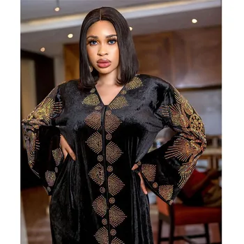 Nigéria Afrike Ženy Zamatové Šaty Hot Vŕtanie Svetlice Rukáv Afriky Šaty Kanga Oblečenie tvaru Moslimských Islam Maxi Šaty, Módne