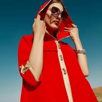 Oranžová Červená s Kapucňou Maxi Šaty pre Ženy, Elegantné Etnických Páse s nástrojmi Patchwork Stredného východu Arabských Moslimských Žien Oblečenie 2022
