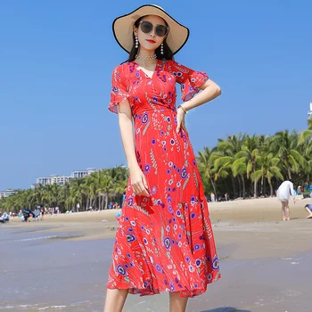 Pláž Šifón Vytlačené Kvetinový Maxi Jarné Letné Šaty, Šaty Pre Ženy JE Vetement Femme 2021 Sukienka Sundress Vintage