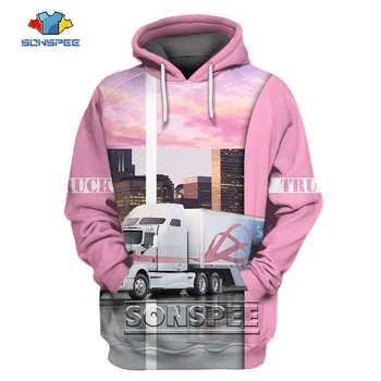 SONSPEE Ulici Ťažké nákladné Vozidlo Hoodies Ružová Muži Ženy Troch-Dimenzionální Pohodlné Oblečenie s Dlhým Rukávom Budovy Hip Hop Topy