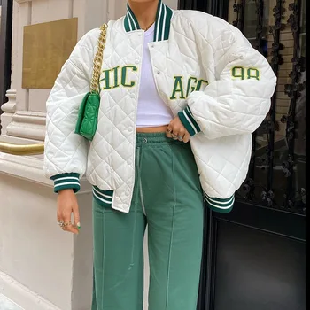 Y2k Zelená Tlač Módne Baseball Bombardér Kabát Na Jeseň Zima Nadrozmerné Patchwork Varsity Jacket Ženy Bežné Biela Bunda Ženy
